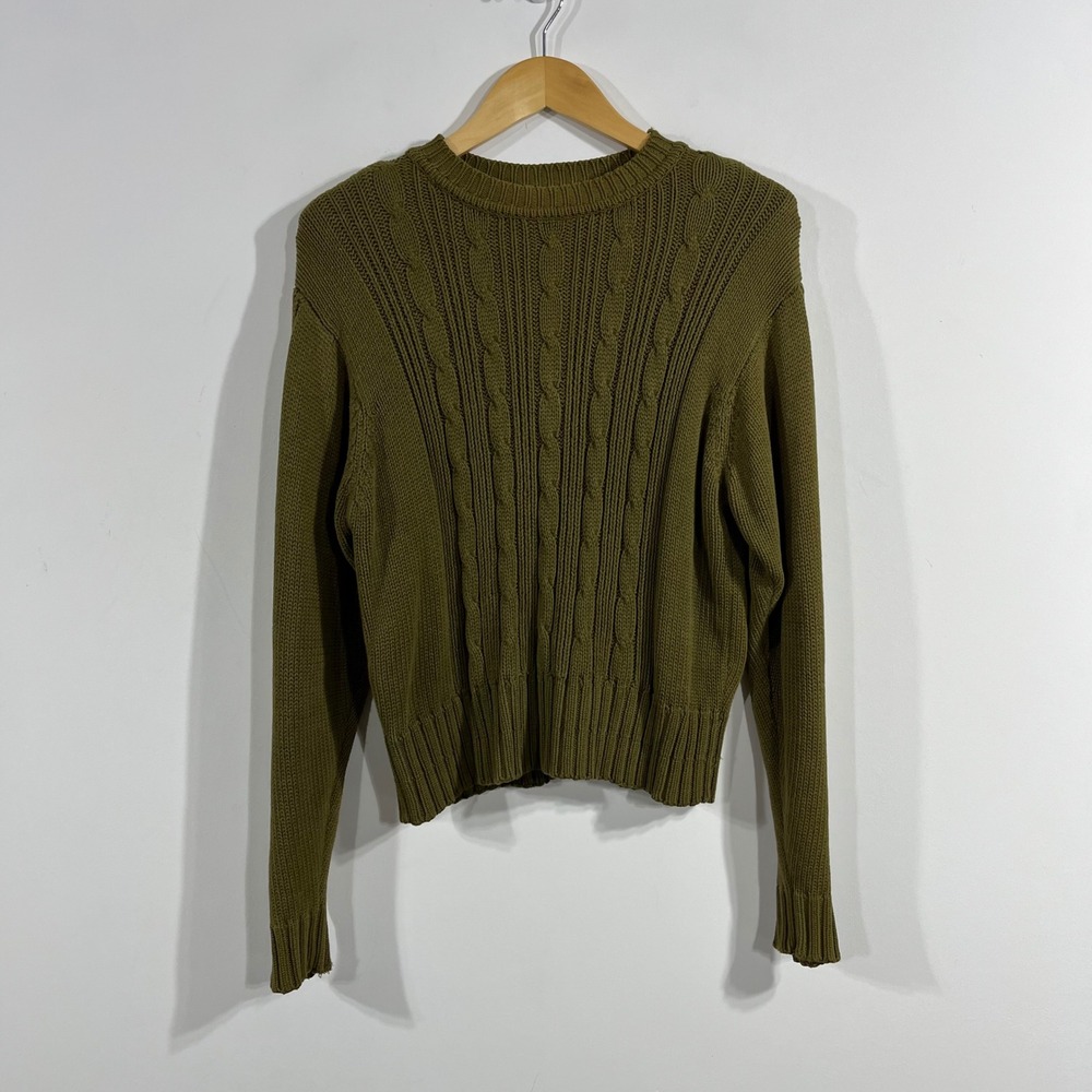 Lizsport VTG Fisherman Olive Green Cable Knit Cotton Sweater Women Small 90s